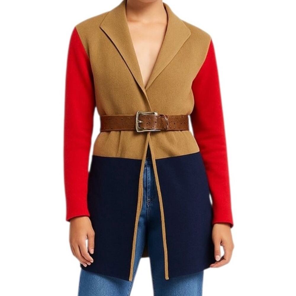 NWT J.Crew Vanessa Colorblock Open Front Cardigan XL Red Tan Navy Fall Sweater